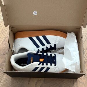 Adidas kids White and Navy Sneakers with Orange Sole